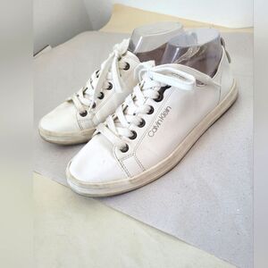 Calvin Klein Michaela Vegan Leather Sneakers White Lace Up Streetwear Casual 9.5